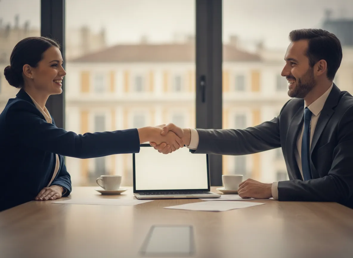 Two professionals shaking hands across a meeting table