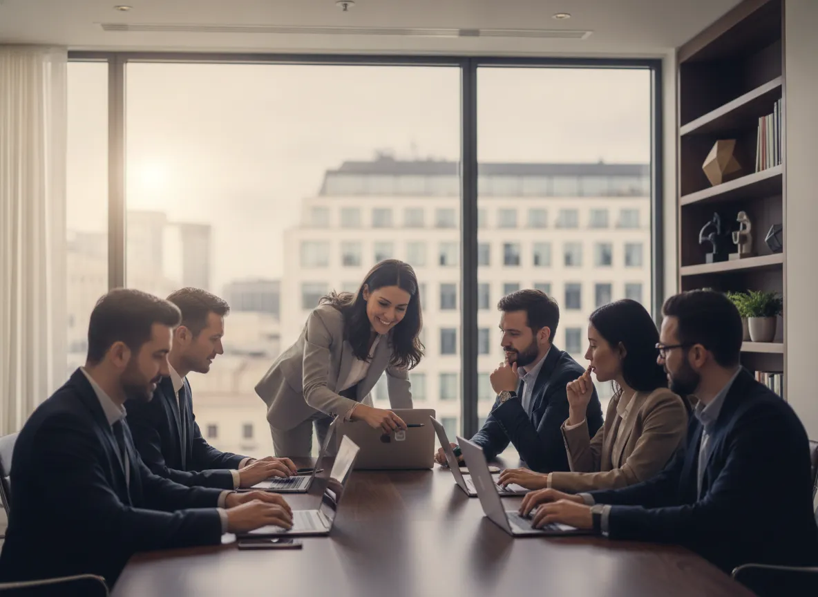 A hands-on corporate AI training workshop: a facilitator helping a business team working on their own laptops