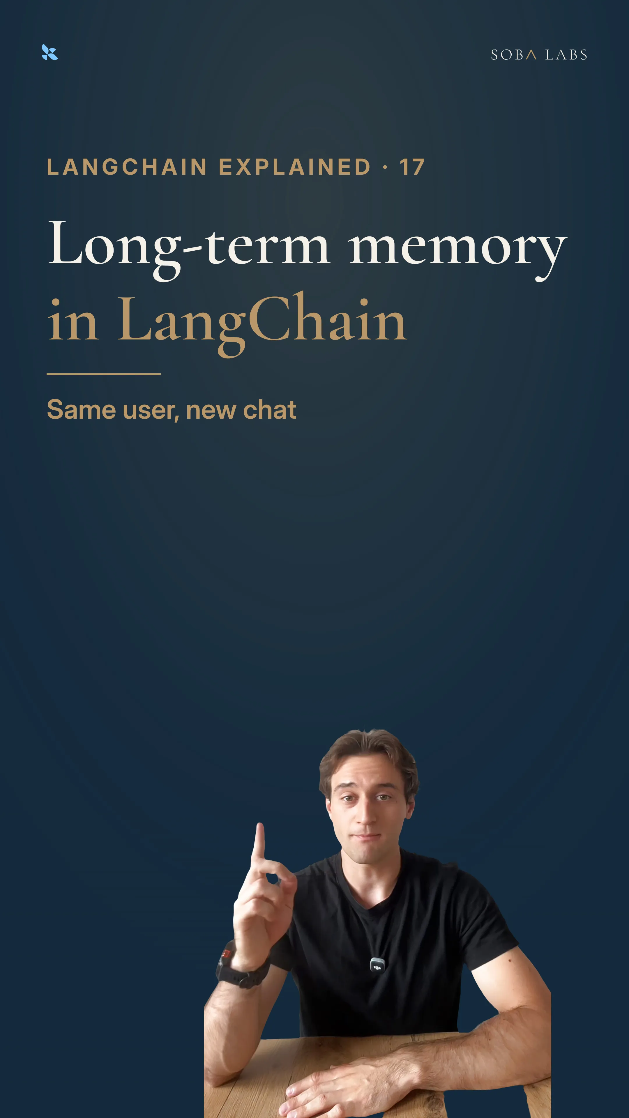 Navy thumbnail: Long-term memory in LangChain in large serif type, a gold memory diagram, and Simon pointing upward with his mouth closed