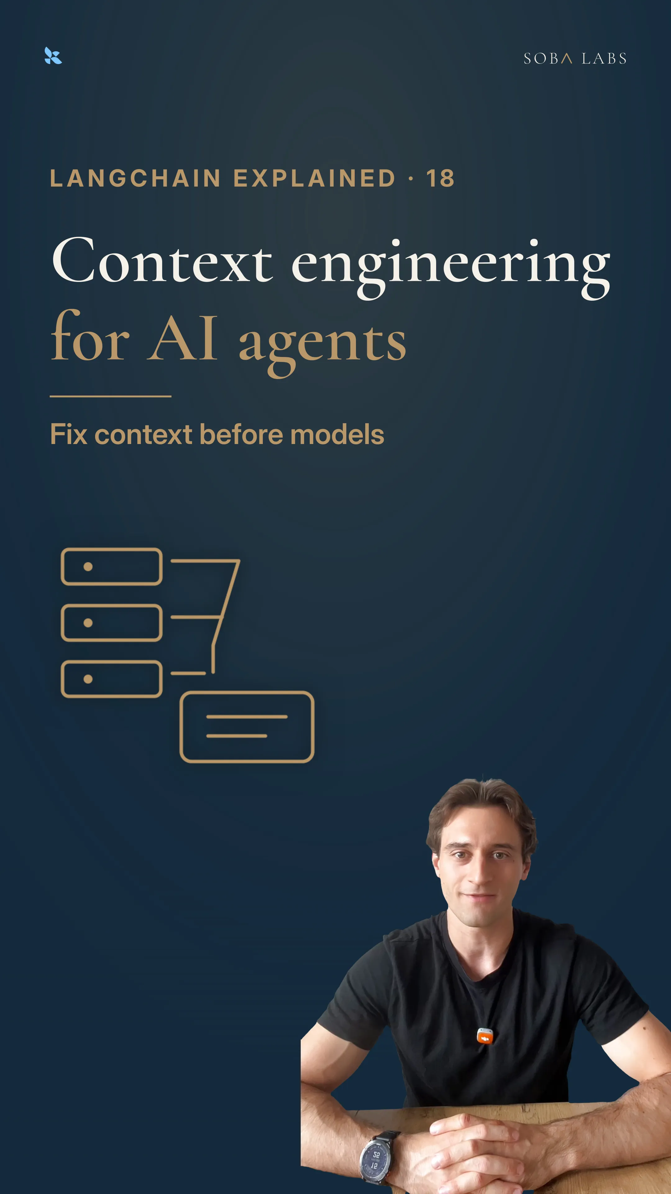 Navy thumbnail: Context engineering for AI agents in large serif type, a gold context-selection diagram, and Simon seated at the bottom