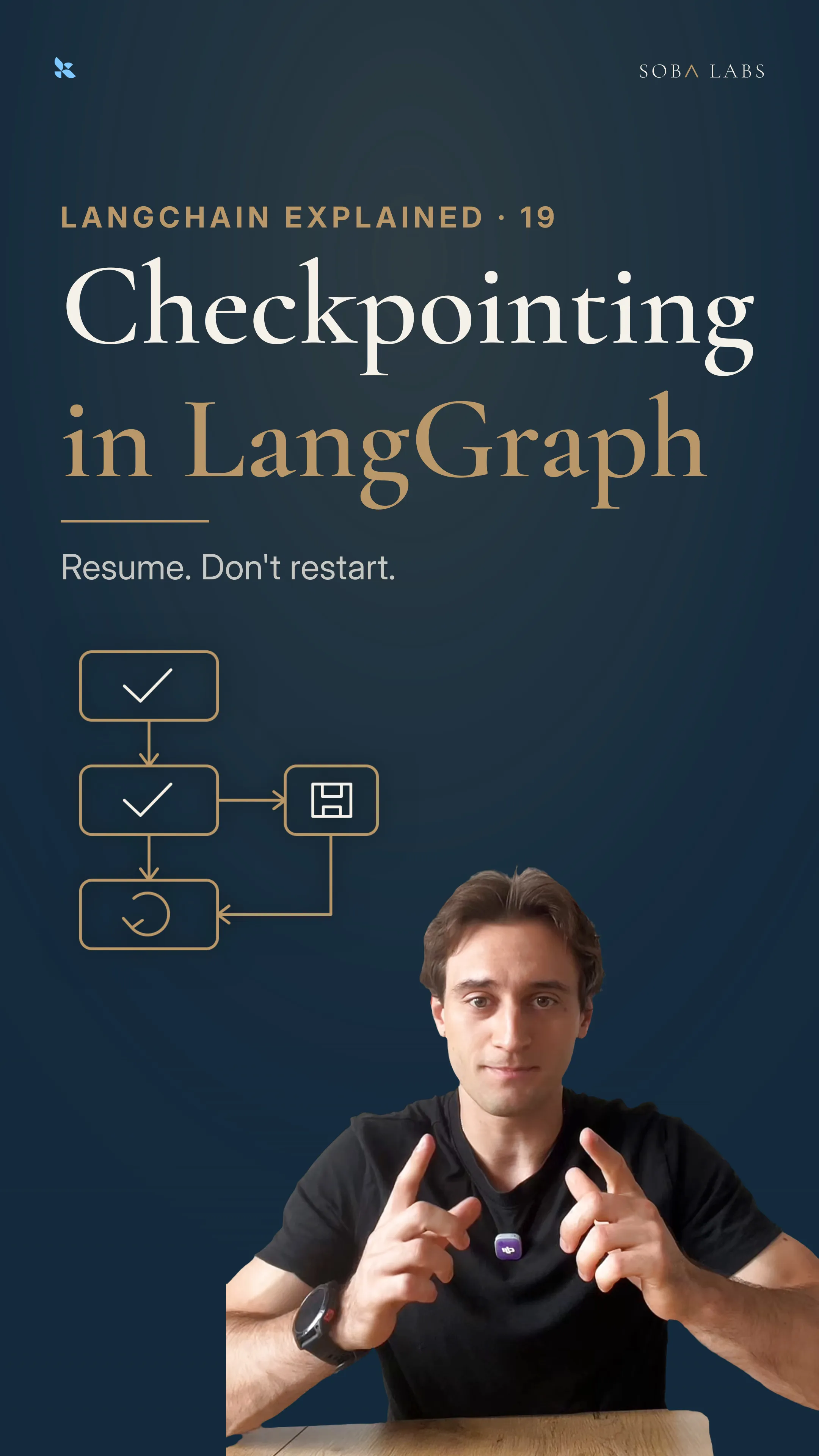Navy thumbnail: Checkpointing in LangGraph in large serif type, a gold checkpoint and retry diagram, and Simon pointing forward