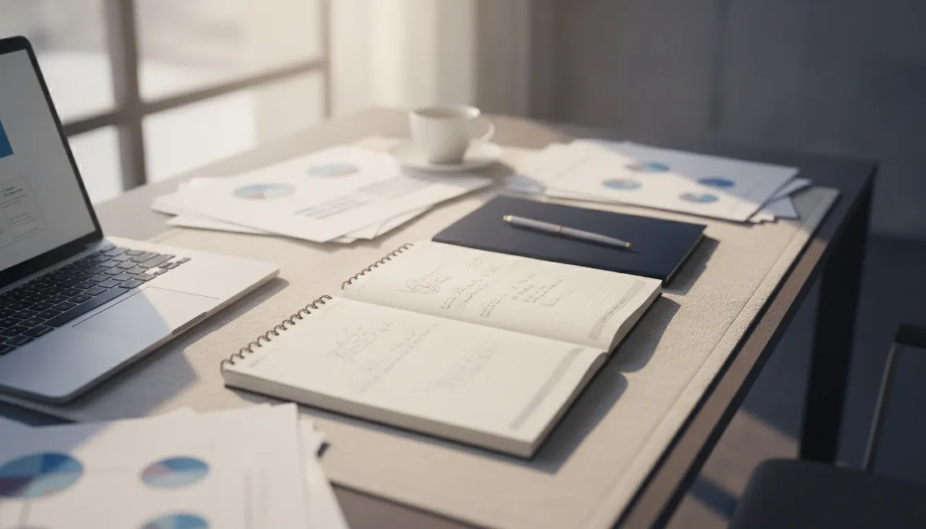 A consultant's desk while preparing a tailored corporate training plan