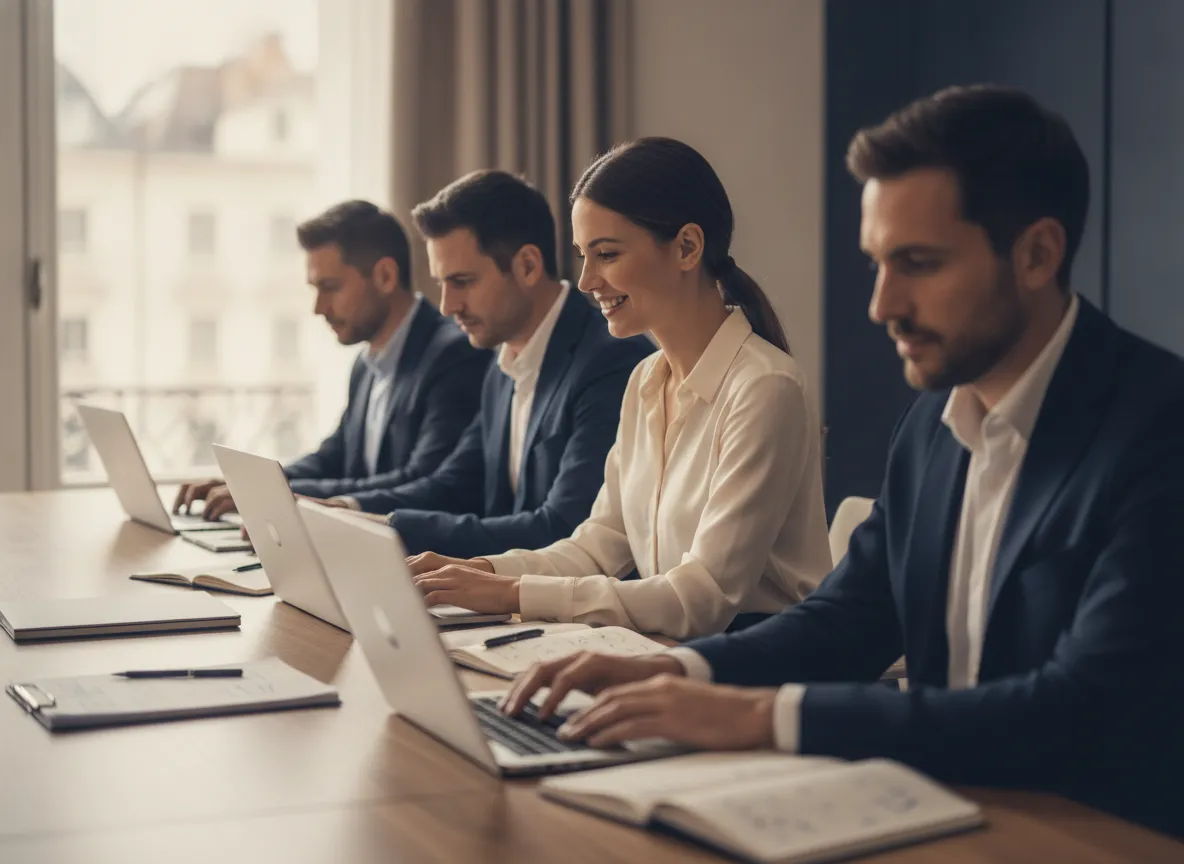 A business team practicing with AI on their own laptops during a workshop