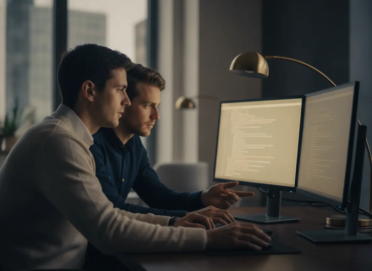 Two developers pair-programming with an AI coding assistant