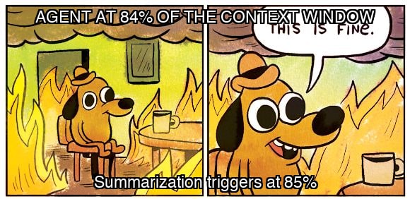 This Is Fine meme. The dog sits calmly in a burning room. Caption above: agent at 84 percent of the context window. Caption below: summarization triggers at 85 percent.