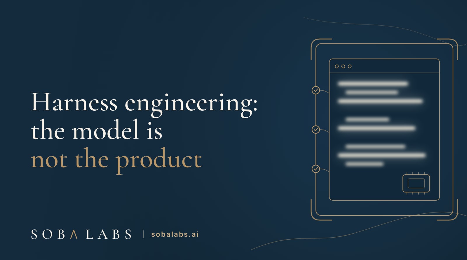 Title card reading Harness engineering: the model is not the product, with a gold harness rig of checkpoint gates holding a glowing terminal window that carries a small model chip in its corner.