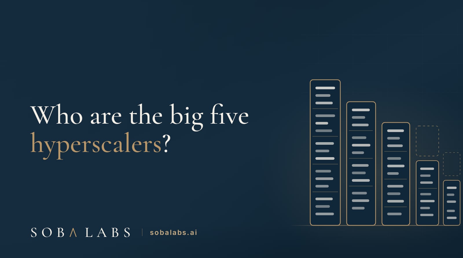 Title card reading Who are the big five hyperscalers?, with a gold-outlined skyline of five stylized server towers on a navy panel, three tall and two shorter, the short ones topped with dashed outlines of floors still being built, each tower glowing with cream pseudo-text bars.